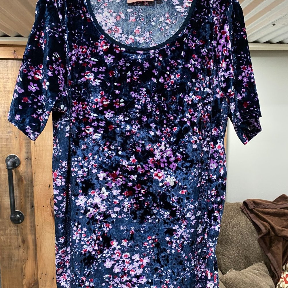 EVRI Navy Floral Short Sleeve Velvet